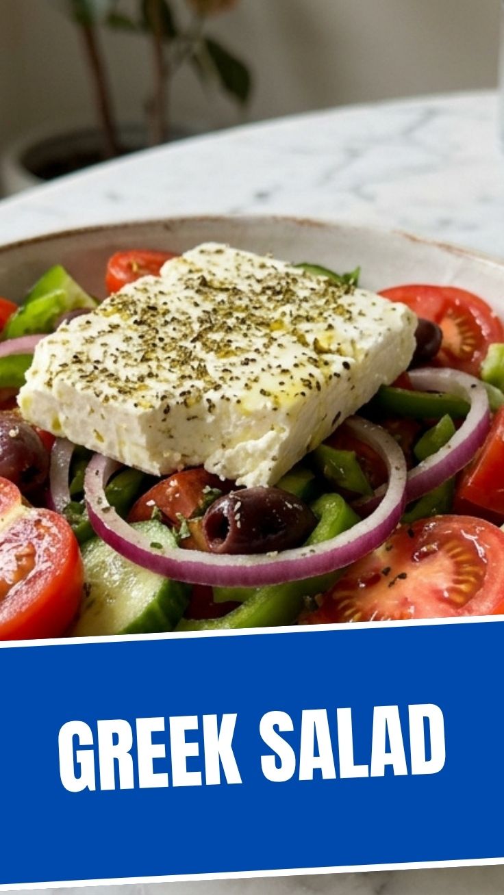 Fresh Greek Salad on a rustic plate with tomatoes, cucumber, feta, and olives