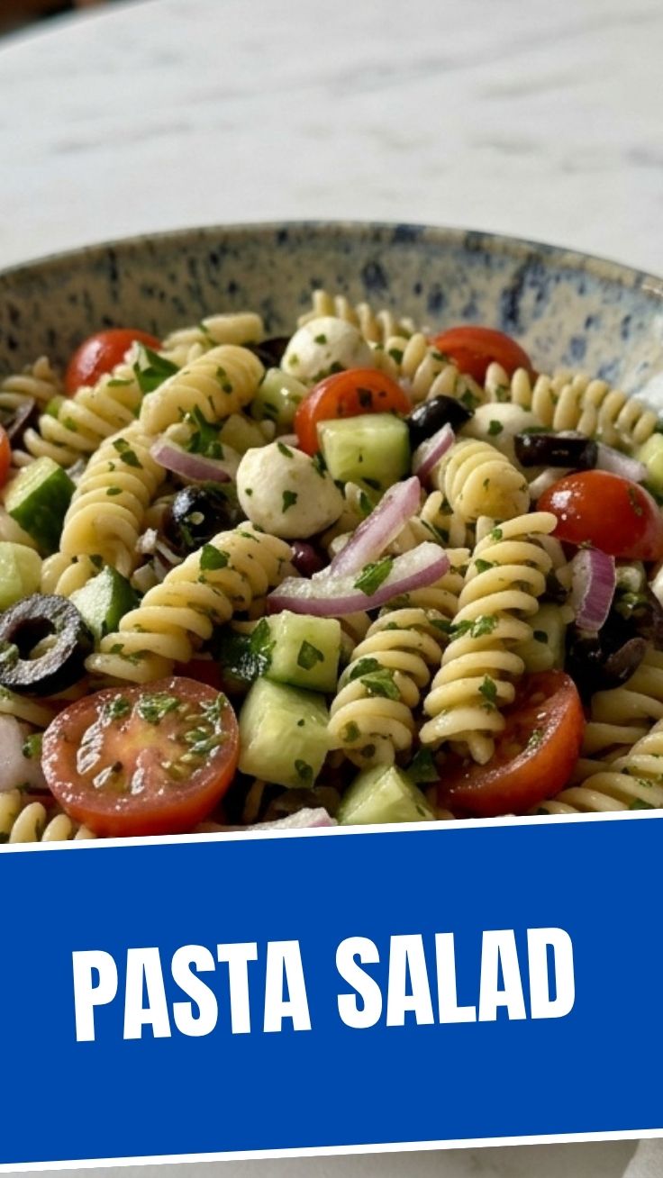 Fresh pasta salad in a bowl with colorful vegetables