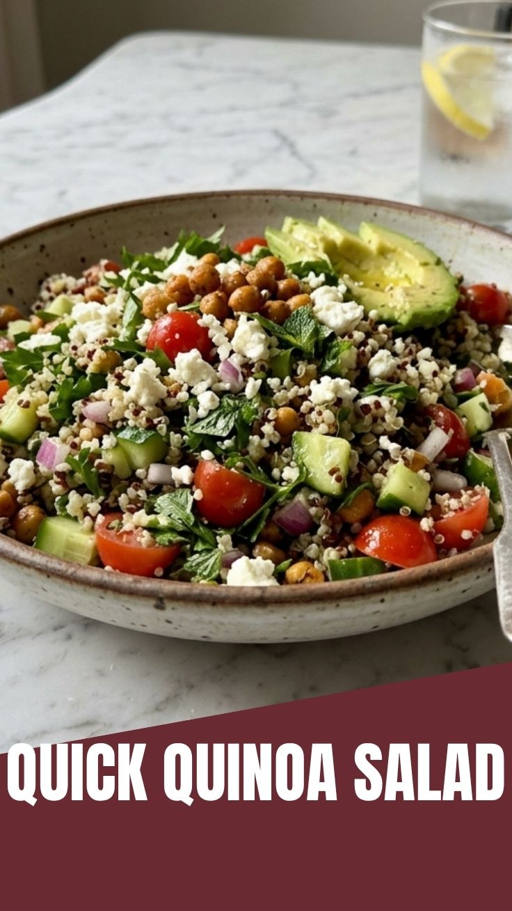 A fresh quinoa salad with colorful vegetables in a bowl.