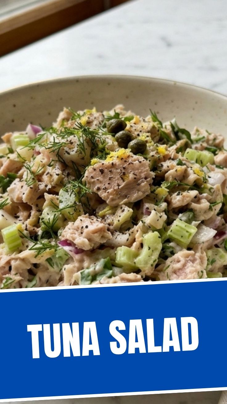 A bowl of fresh tuna salad with celery and mayonnaise.