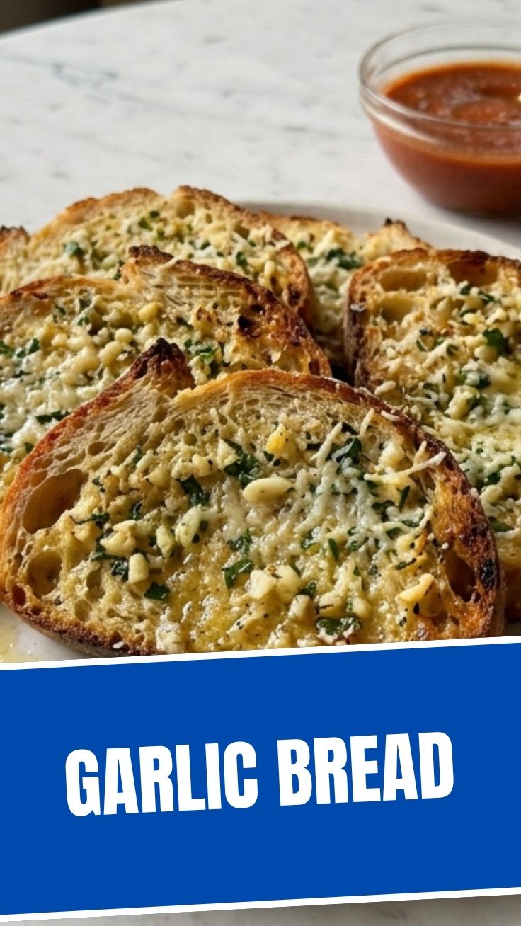 Freshly baked garlic bread, golden brown and garnished with parsley
