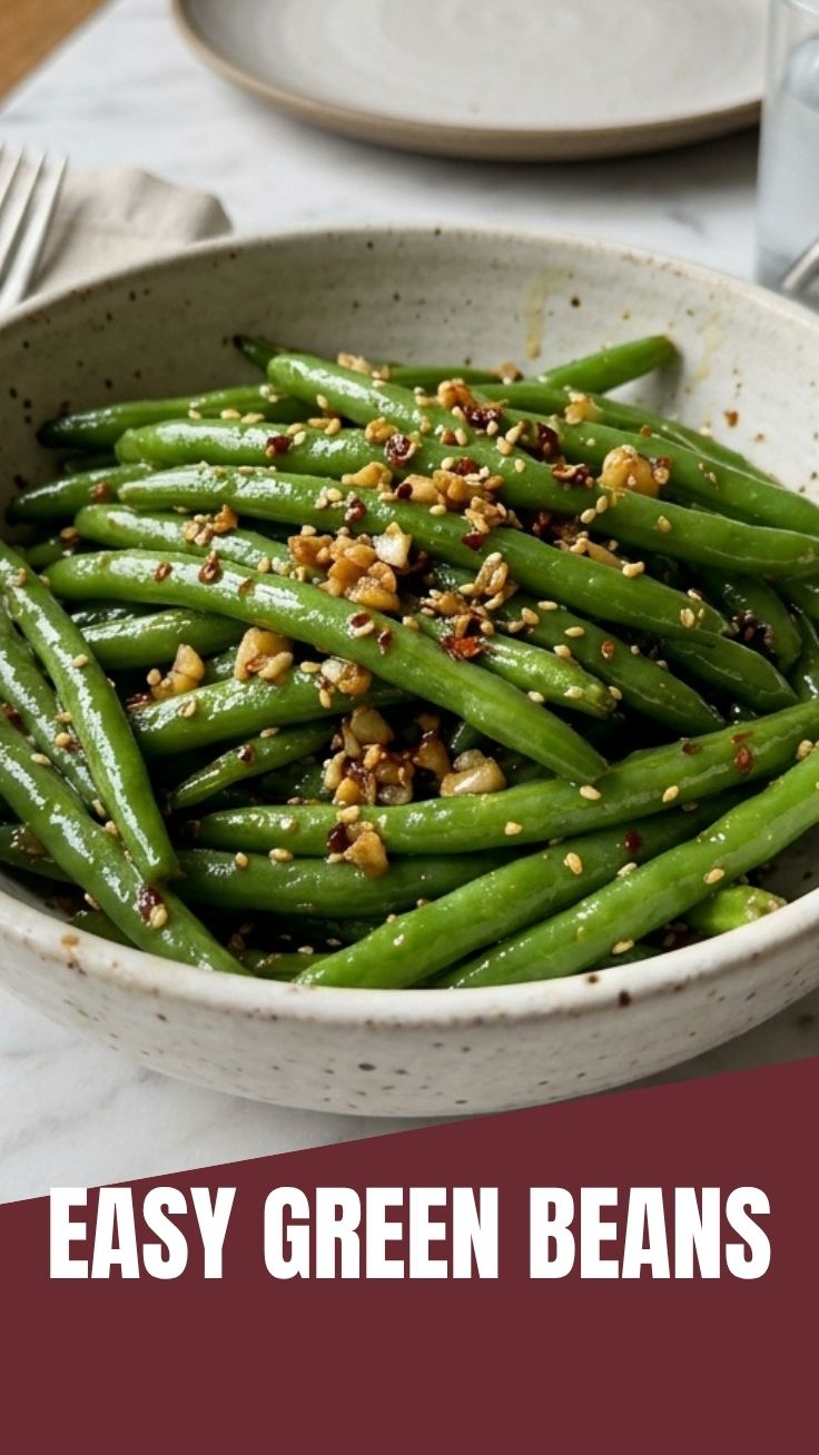 Vibrant green beans tossed with minced garlic and herbs in a serving dish.