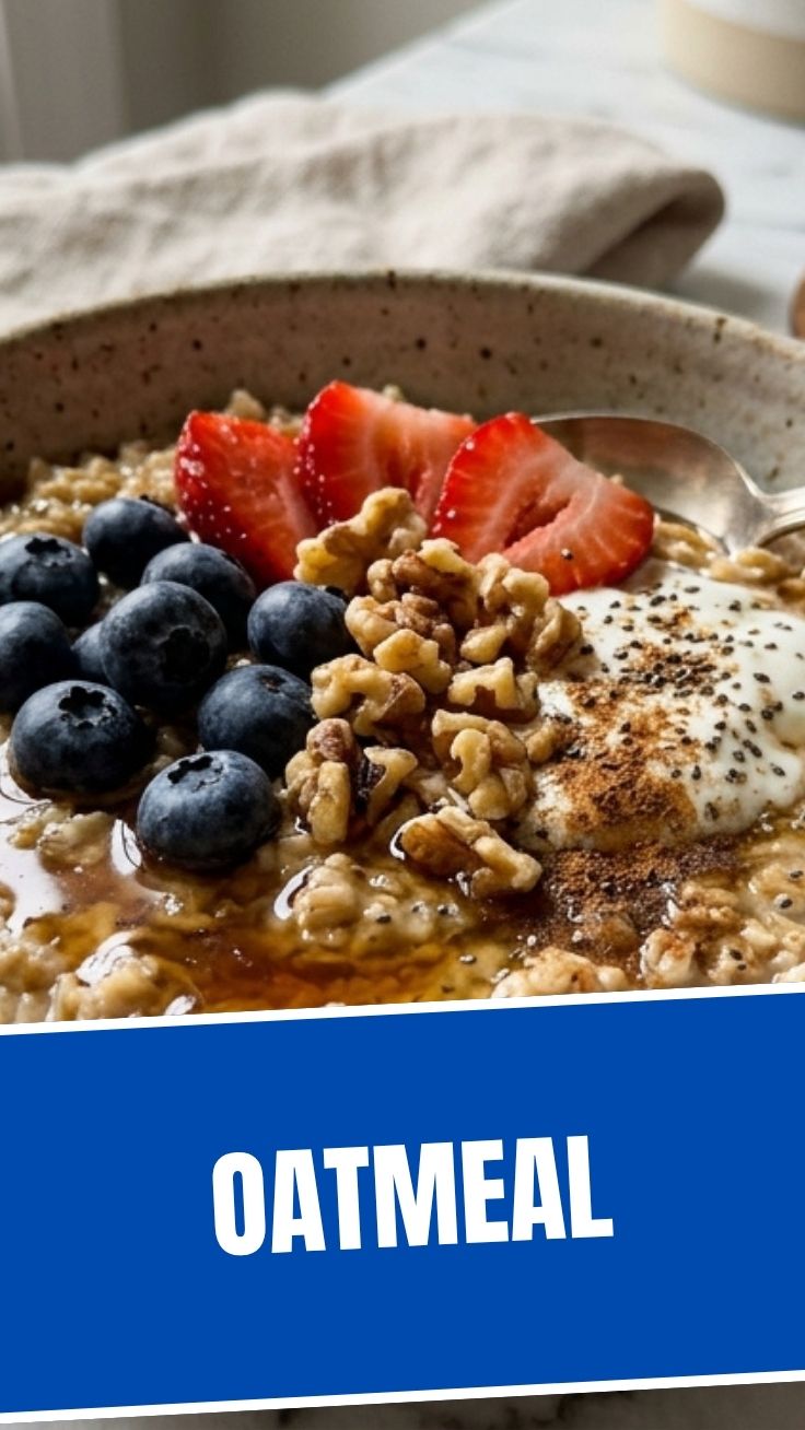 A steaming bowl of healthy oatmeal, ready for breakfast.