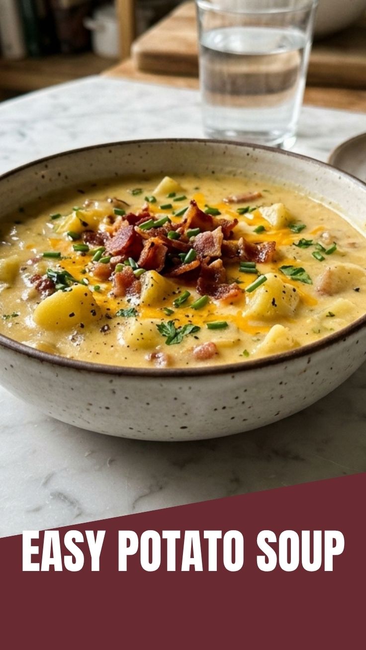 A steaming bowl of hearty potato soup, garnished with chives.