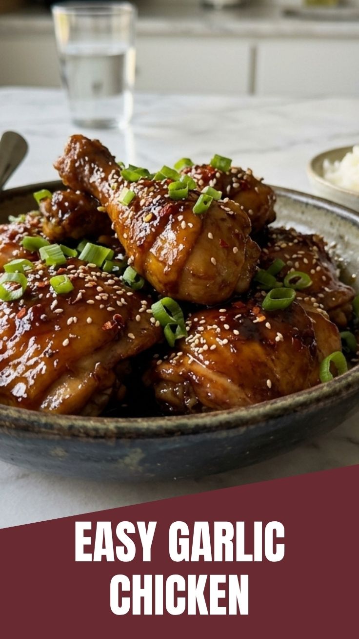 A serving of glazed honey garlic chicken on a plate, garnished with fresh herbs.