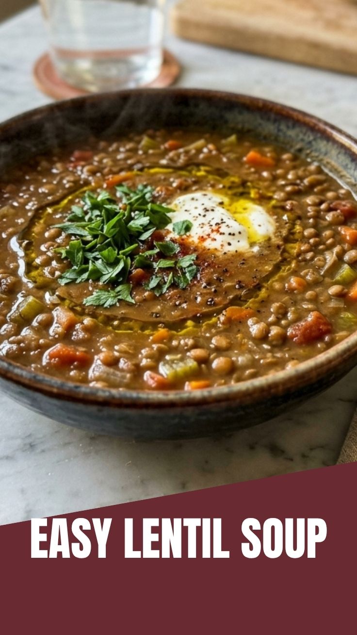 A bowl of warm, rich lentil soup garnished with herbs.