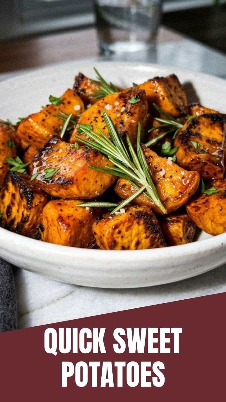 Close-up of golden maple roasted sweet potatoes on a baking sheet