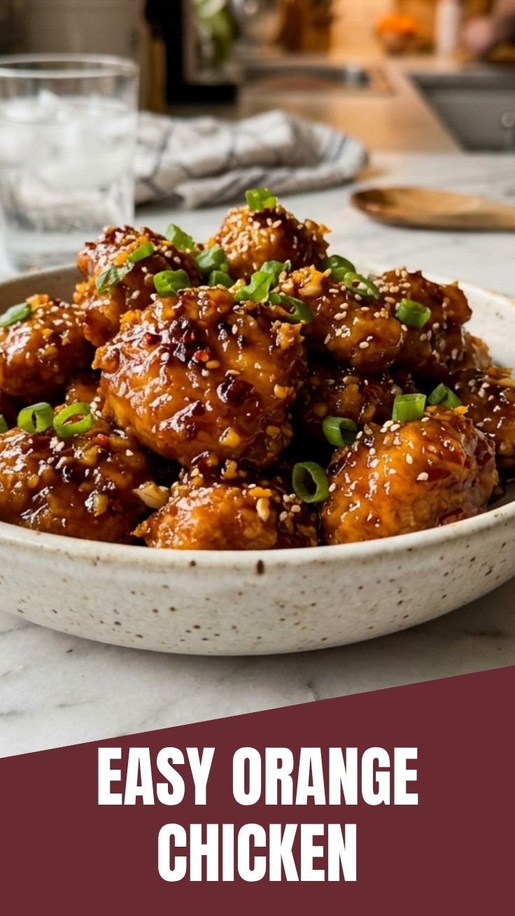 A close-up of crispy orange chicken pieces glazed with a tangy sauce, garnished with sesame seeds and green onions.