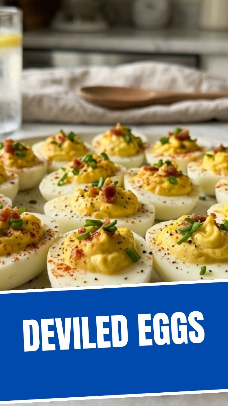 A platter of neatly arranged deviled eggs garnished with paprika.