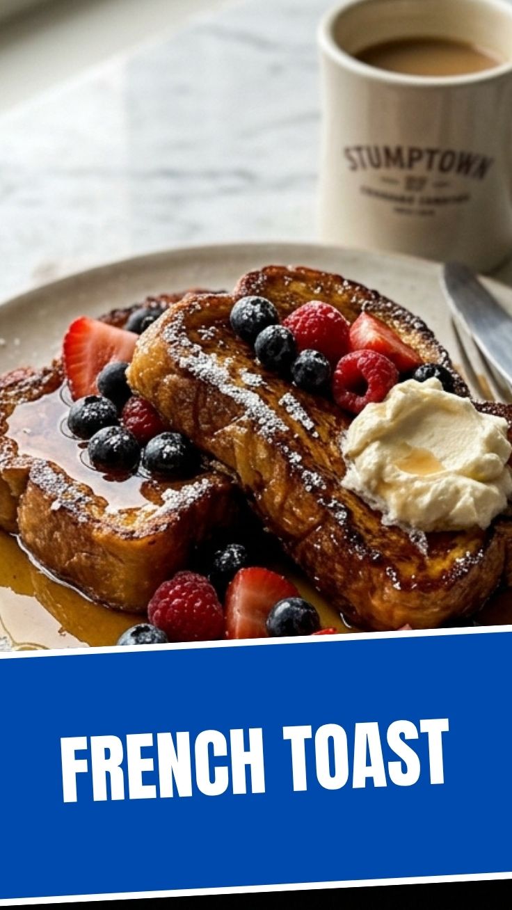 Golden brown French Toast on a white plate with syrup and berries