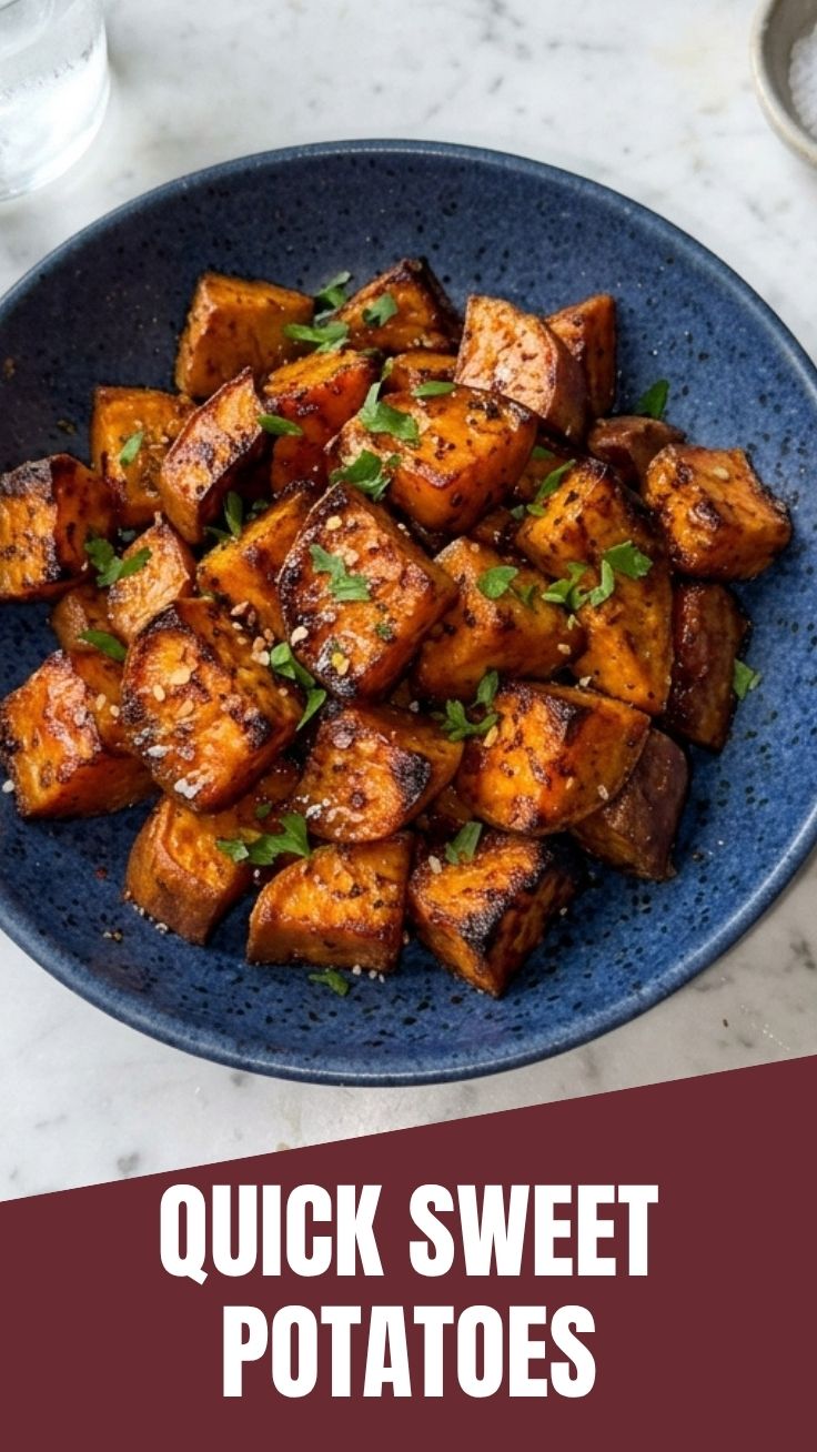 A close-up of golden, caramelized roasted sweet potatoes on a tray, with edges slightly crisped and a glossy sheen.