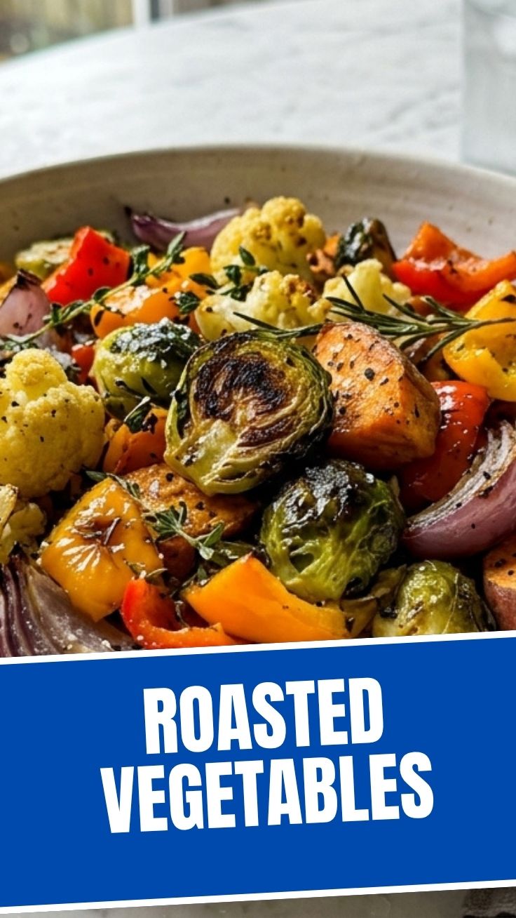 Colorful roasted vegetables mix on a sheet pan