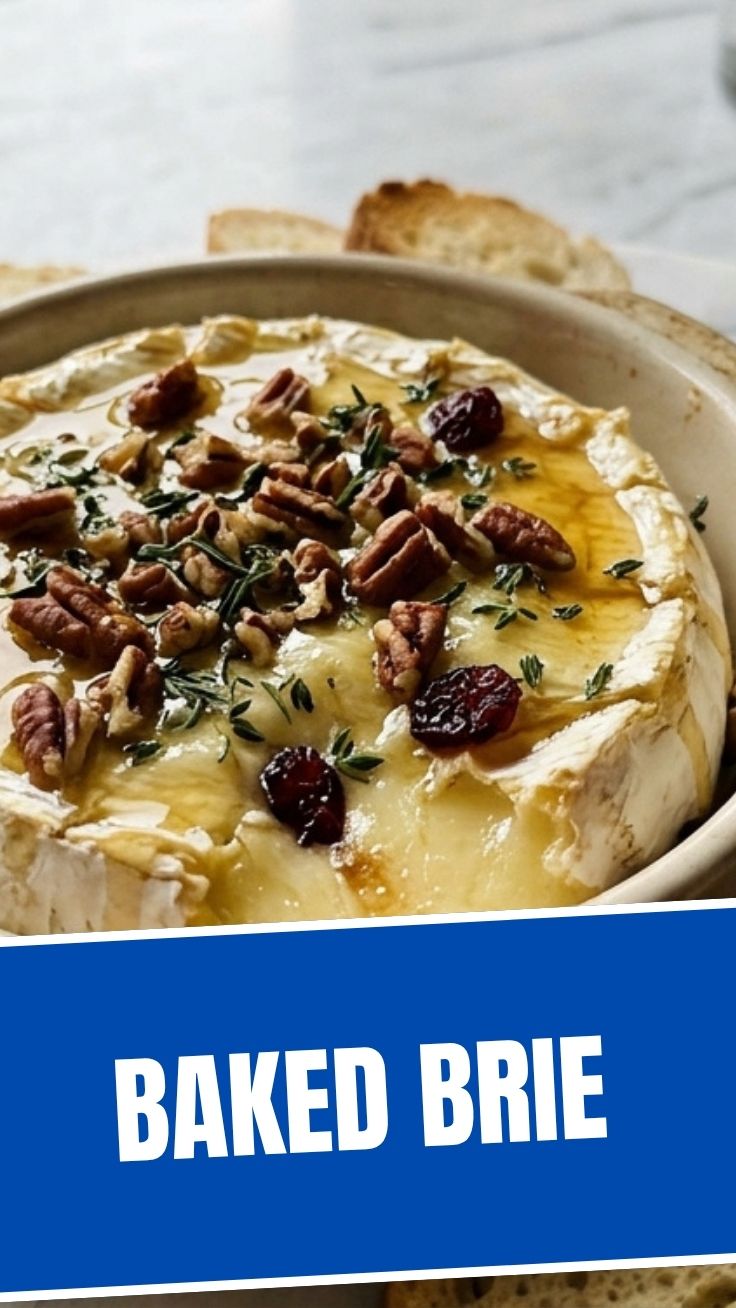 A wheel of warm, melted baked brie, perfect for an appetizer