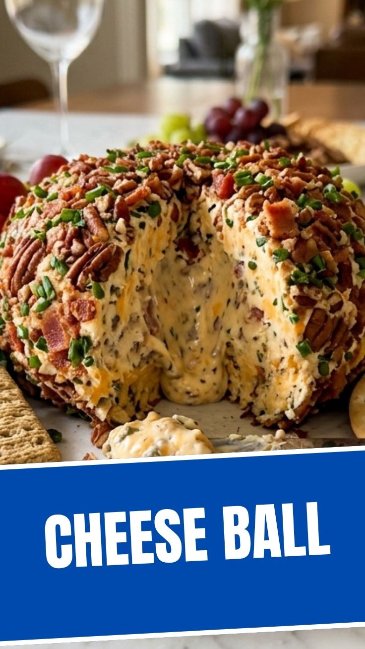A delicious cheese ball coated in nuts, ready to serve