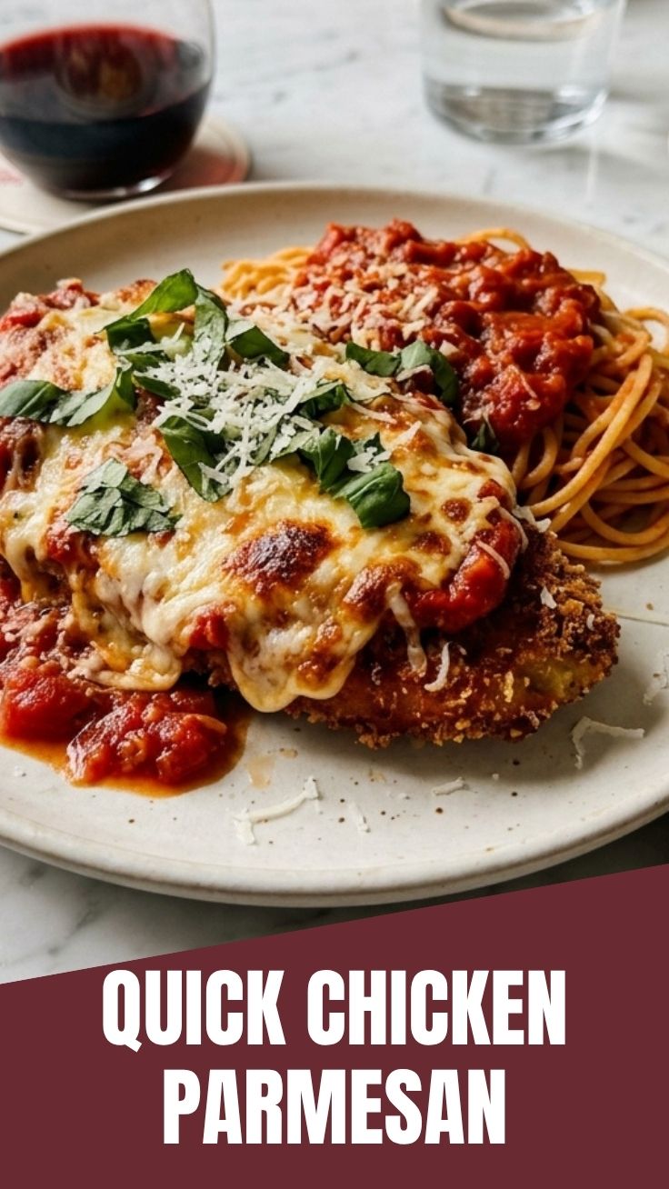 A serving of chicken parmesan topped with melted cheese and marinara sauce.