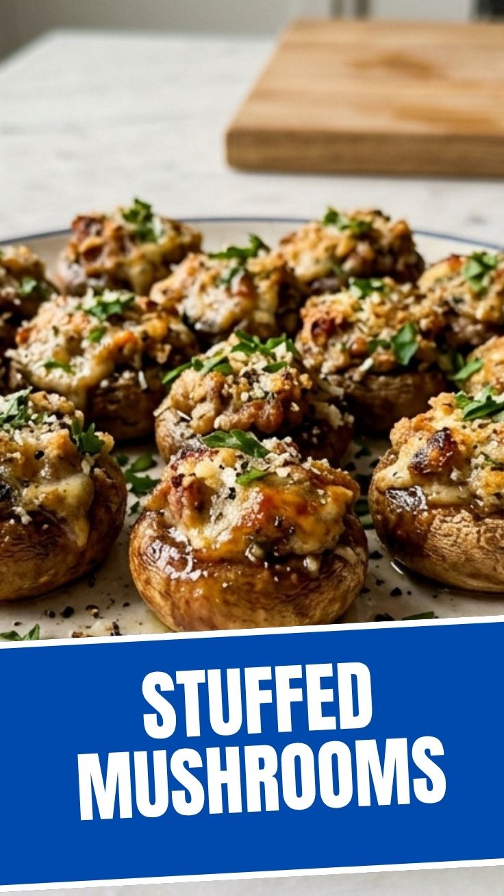 A platter of freshly prepared stuffed mushrooms, garnished with herbs.