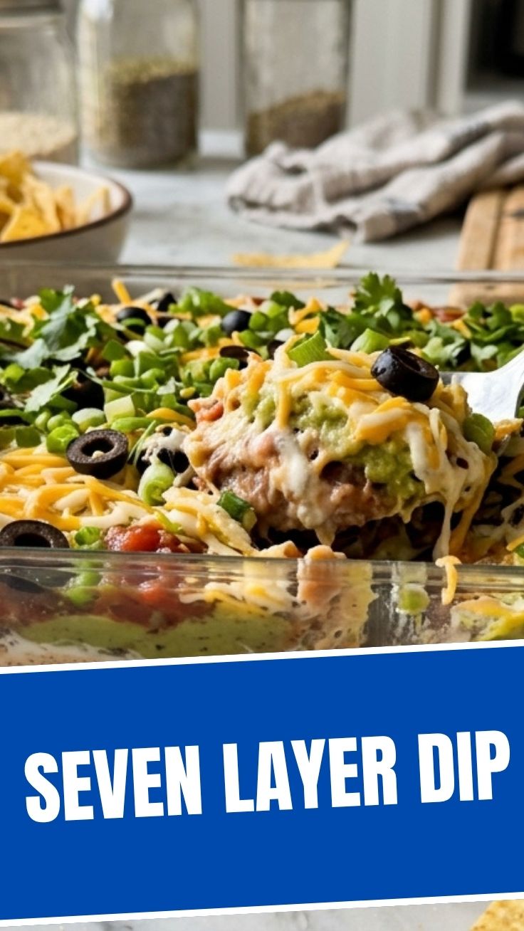 Seven Layer Dip in a bowl with visible layers of beans, guacamole, sour cream, salsa, cheese, olives, and green onions