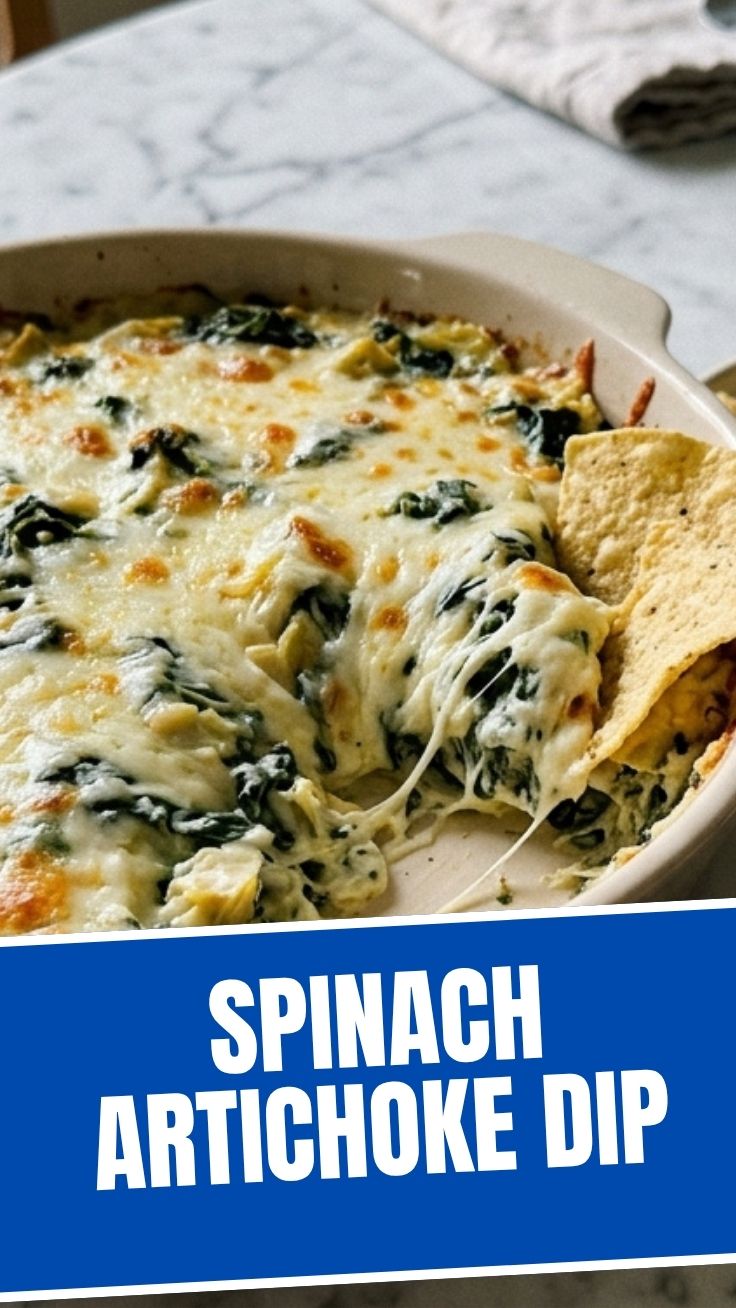 A bubbling hot dish of spinach artichoke dip, freshly baked