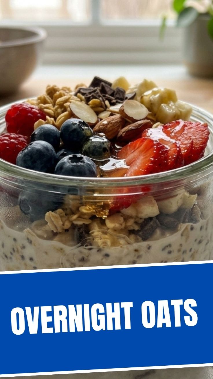 A jar of prepared overnight oats with berries and nuts on top