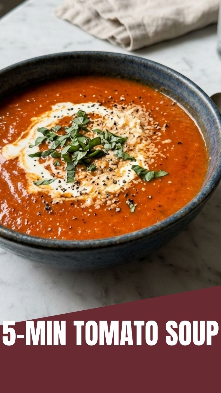 A steaming bowl of warm tomato soup, perfect for a cold day.