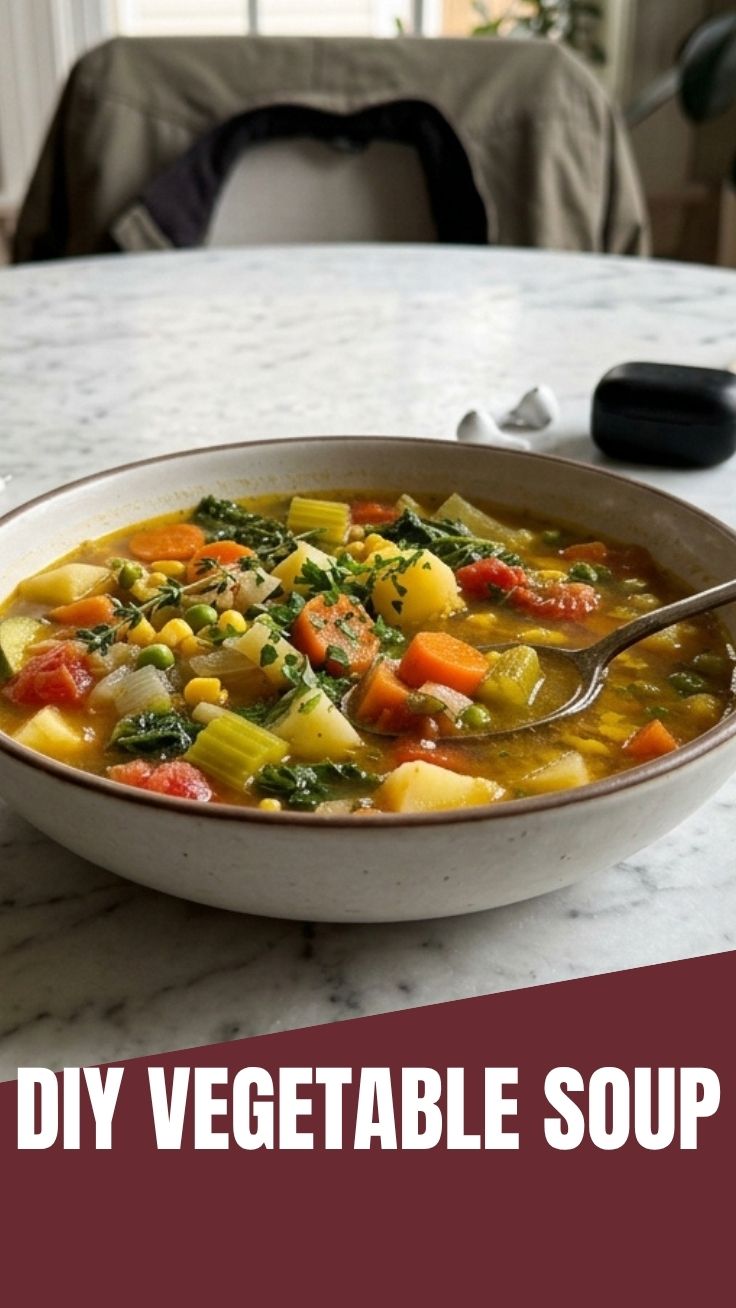 A steaming bowl of colorful vegetable soup, rich with garden-fresh ingredients.