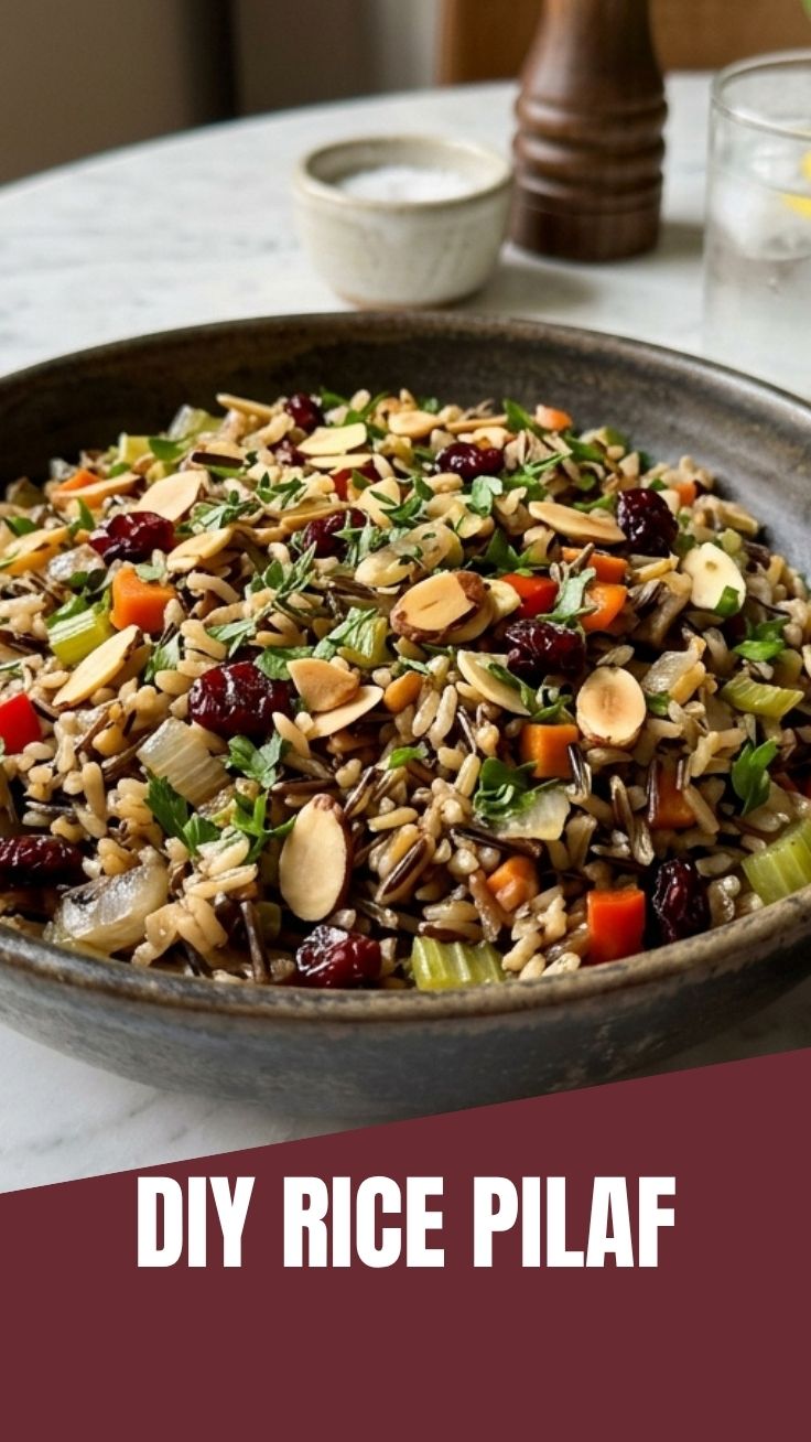 A close-up of a bowl of fluffy wild rice pilaf with herbs.